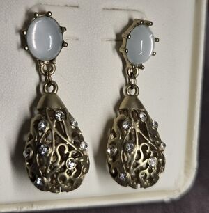 Vintage Faux Pearl Teardrop Earrings Ornate Filigree Gold Tone Rhinestone Accent